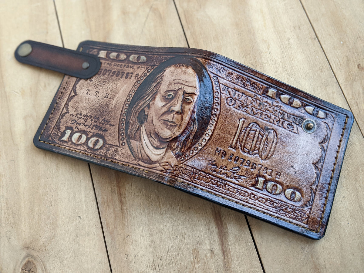 M1V18, 100 Dollar Bill & Benjamin Franklin Leather Wallet