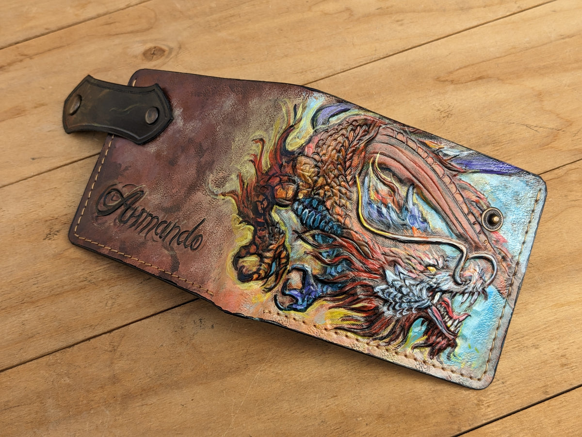 M1B7, Chinese Fire & Flying Dragon Bifold Leather Wallet