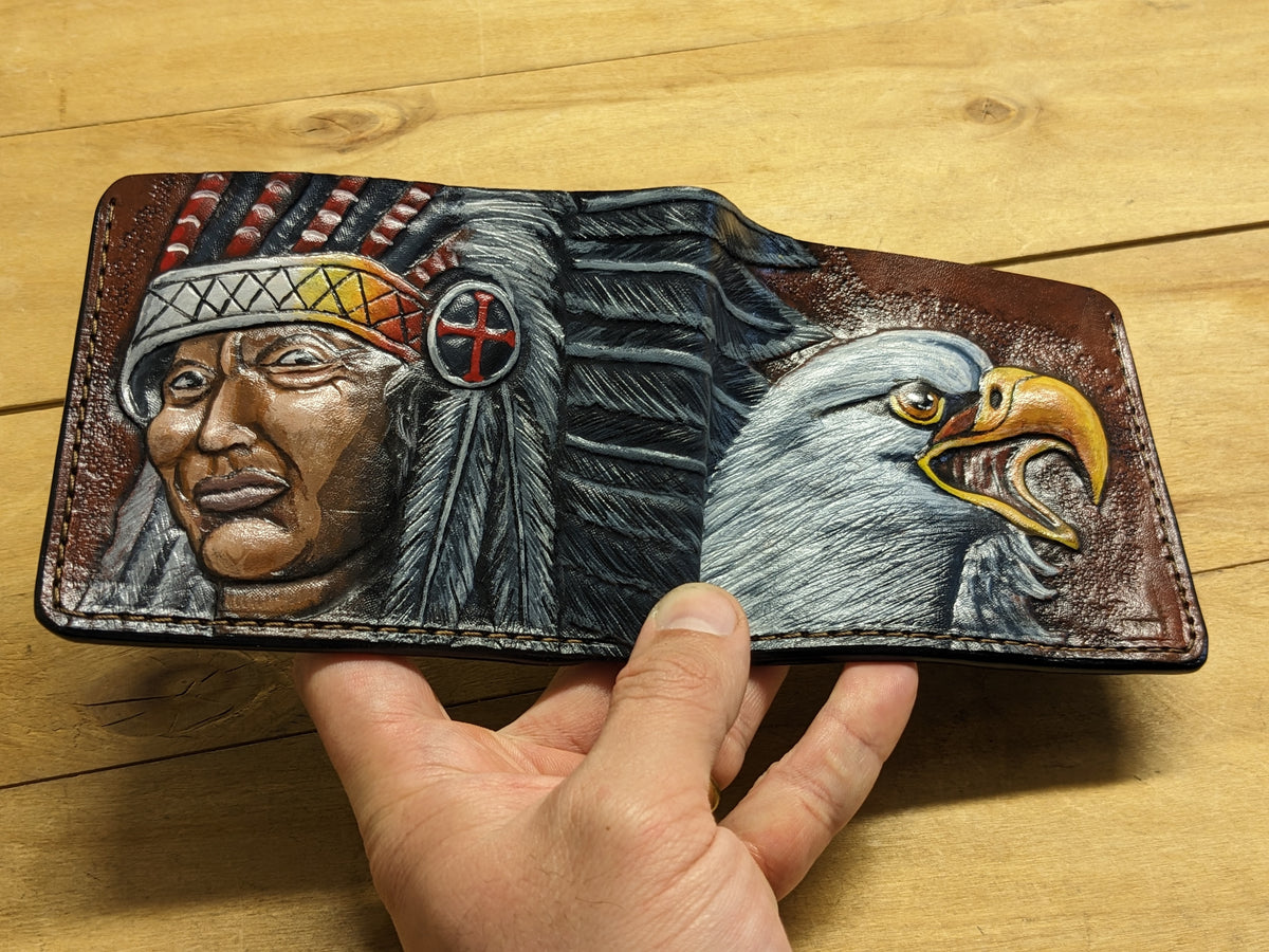 M1V24, Bald Eagle & Indian Chief Headdress Leather Wallet