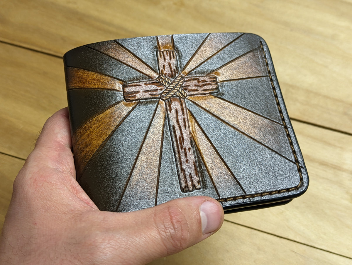M1G4, Romans 8:28, Wooden Christian Cross Leather Wallet