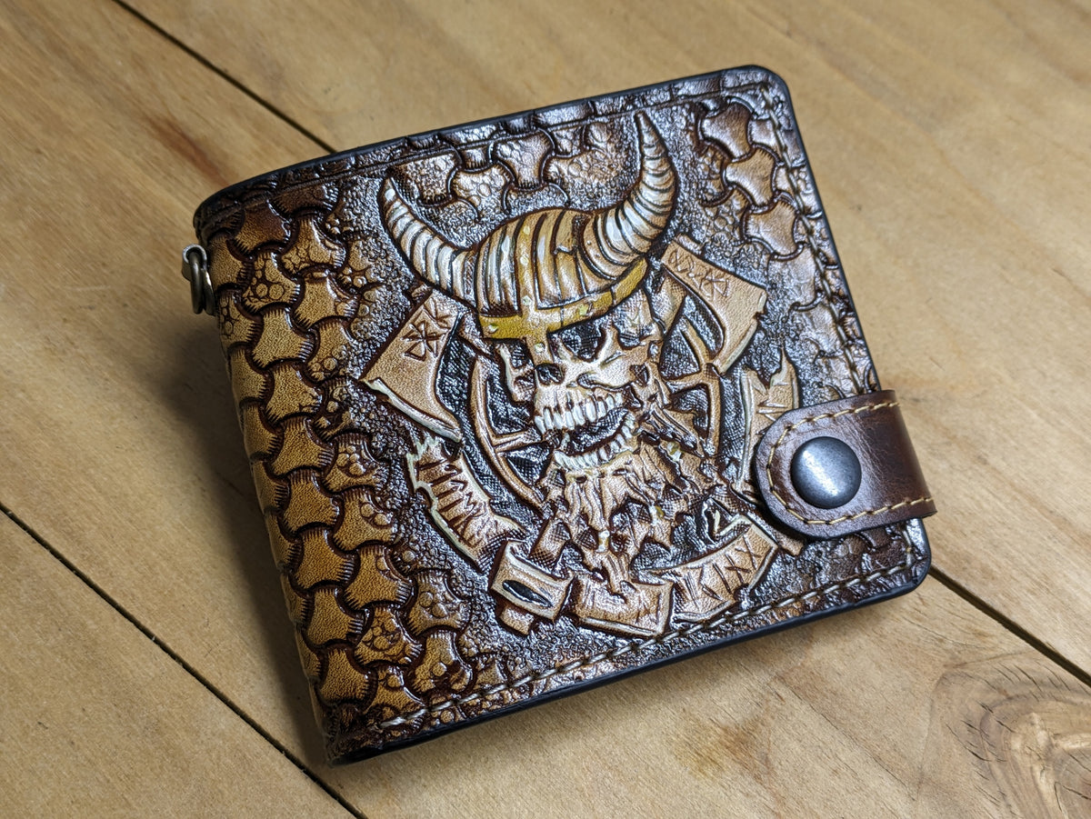 M1Q1, Odin Viking Warrior Skull, Runes & Axes Leather Wallet