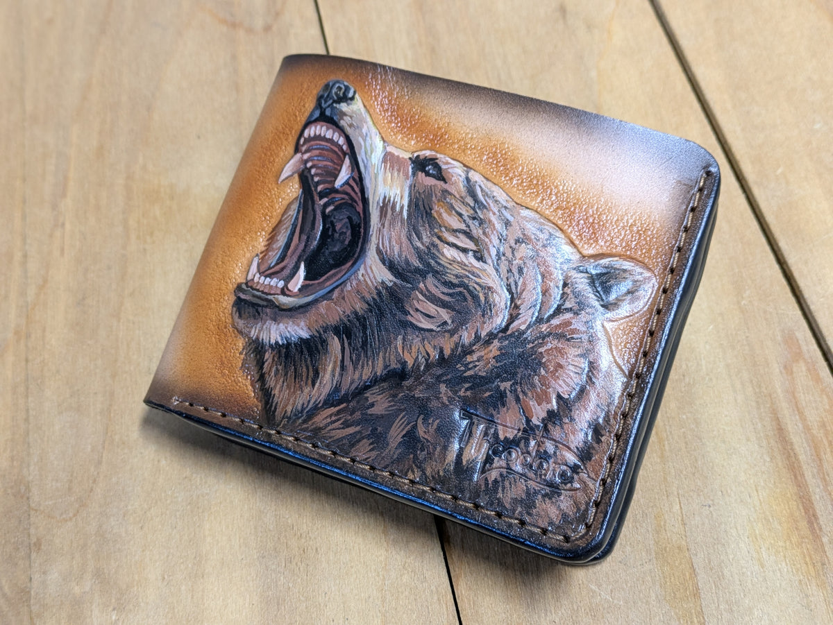 M1A21, Grizzly Bear Handmade Embossed Bifold Leather Wallet