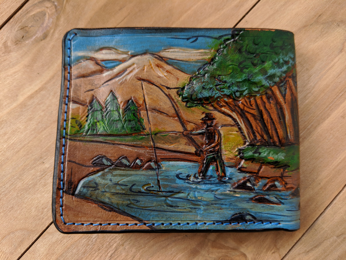 Handmade leather bifold wallet with tooled bass fishing design, perfect gift for him