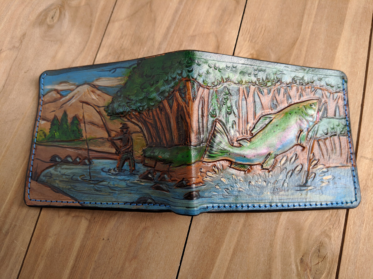 Handmade leather bifold wallet with embossed bass fishing design, perfect gift for outdoorsman