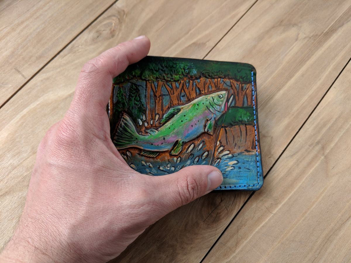 Handmade leather bifold wallet with embossed bass fishing design, perfect gift for anglers