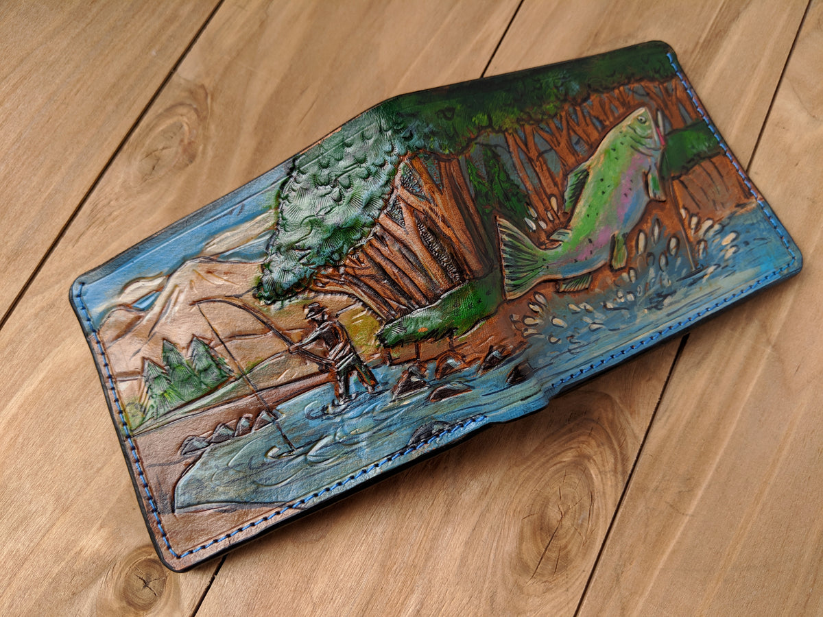 Handmade leather bifold wallet with embossed bass fishing design, perfect gift for fishermen