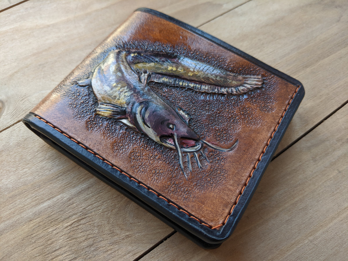 Handmade leather bifold wallet with tooled catfish design, perfect fish gift for fishermen and fishing lovers