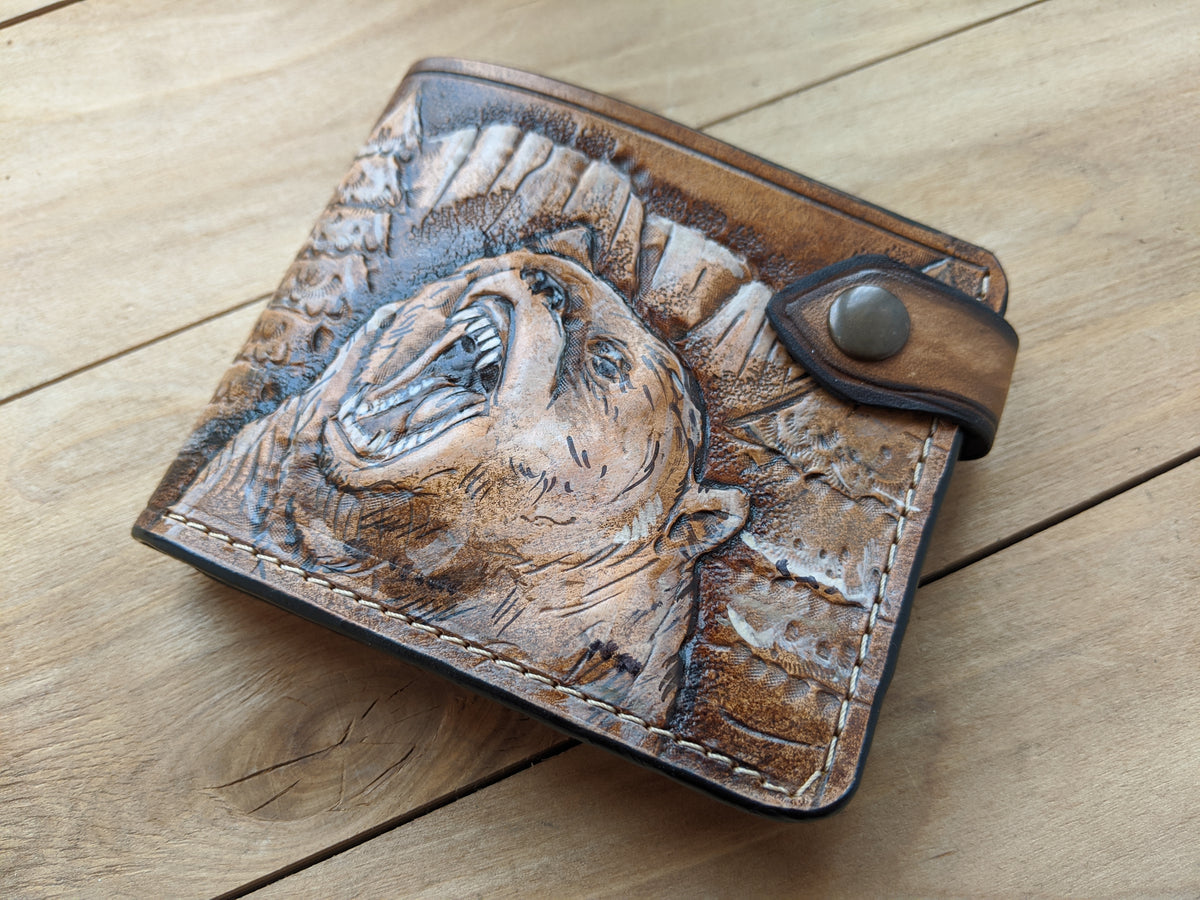 Handmade leather bifold wallet with tooled grizzly bear design, perfect gift for bikers and hunters