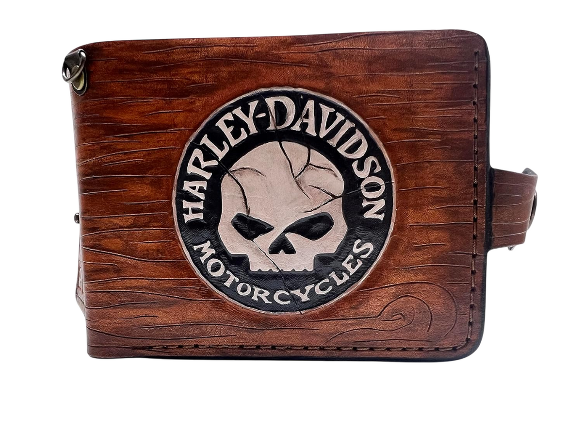 #034 Skull Leather Wallet, Harley Davidson Wallet, Moto Wallet, Bike Wallet, 3D Genuine Leather Wallet, Hand Carved Wallet, Biker Wallet, Embossed Wallet (Copy)