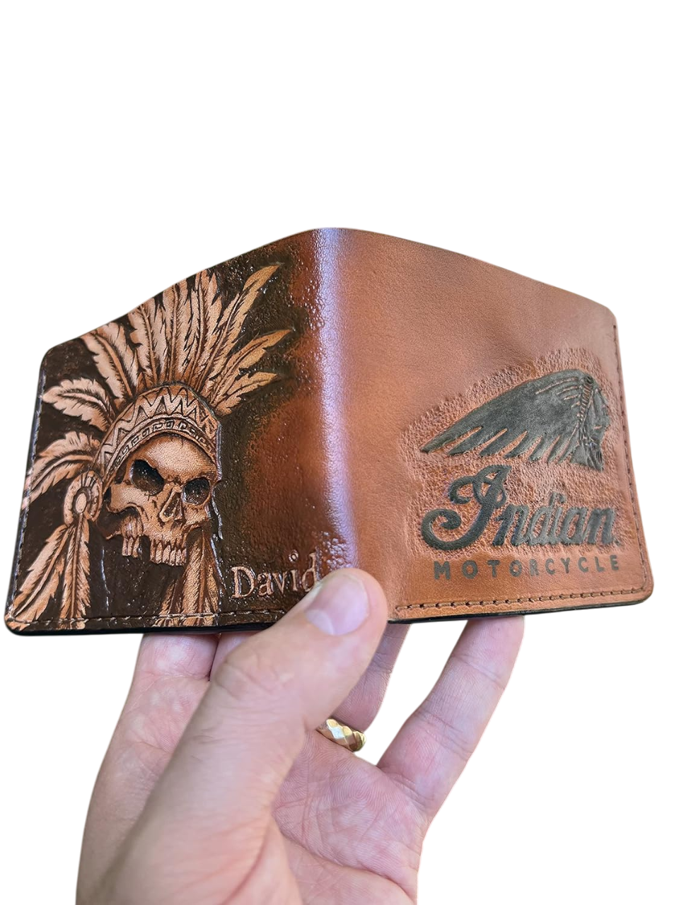#035 Hand Tooled Leather Carved Biker Wallet – Indian Skull, Red Man & Native American Design