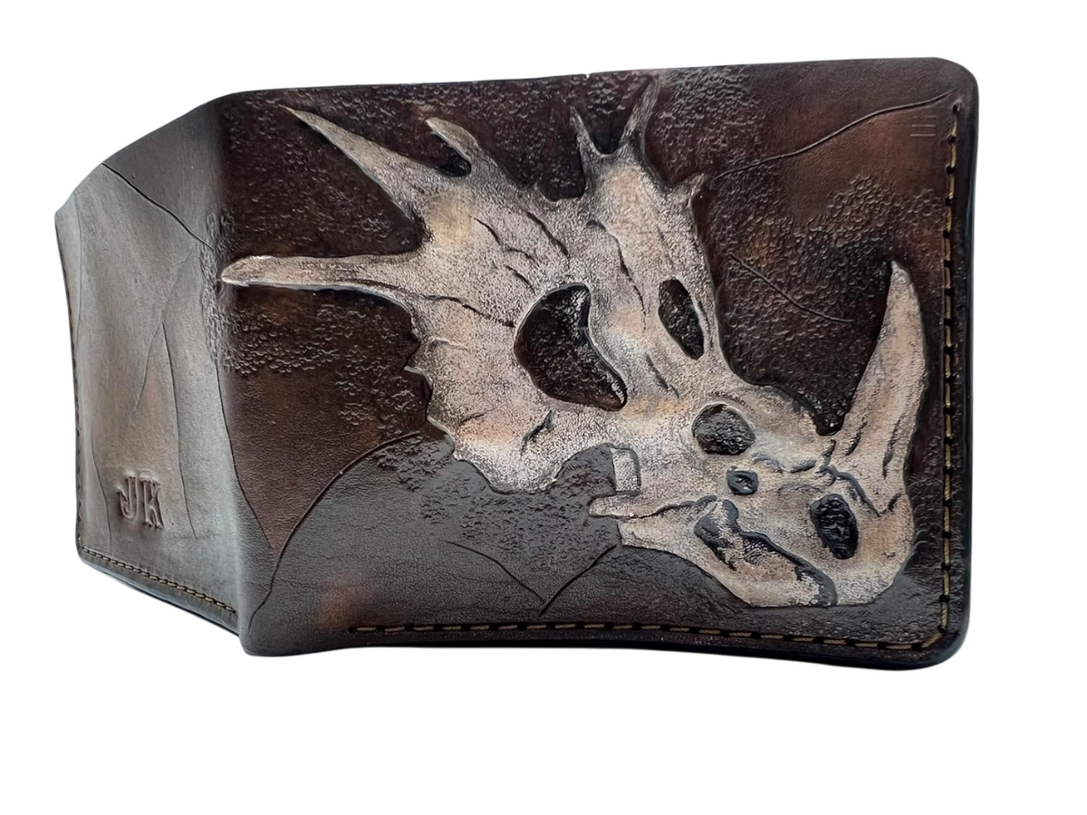#033 Handcrafted Leather Carved Bifold Skull Wallet – Dinosaur Skull & Biker Designs, Embossed Wallet