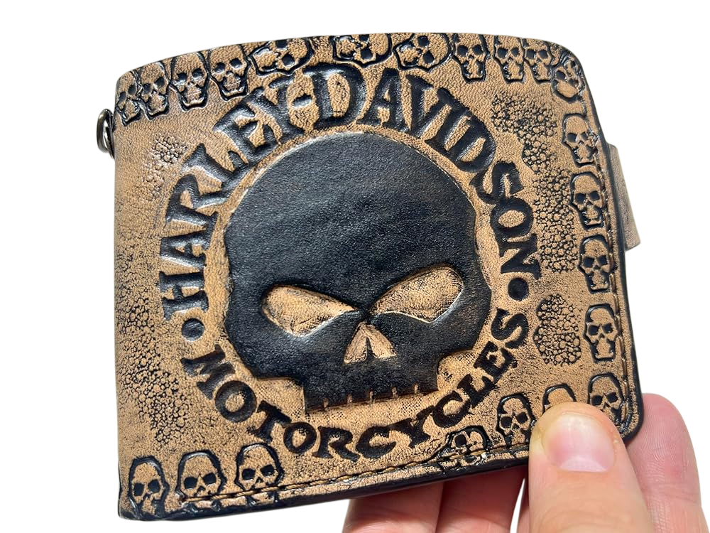 #032 Skull Wallet, Harley Davidson Wallet, Moto Wallet, Bike Wallet, 3D Genuine Leather Wallet, Hand Carved Wallet, Biker Wallet, Embossed Wallet