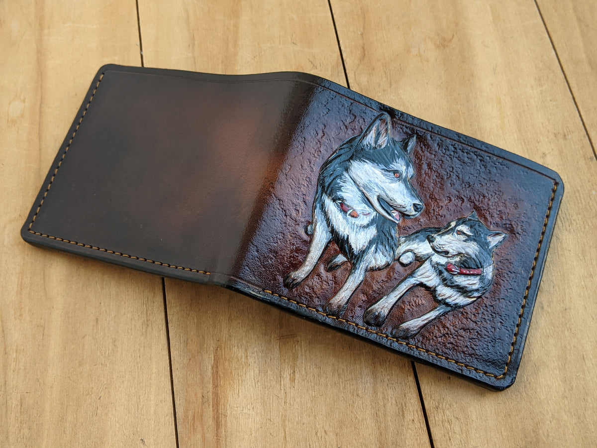 Handmade leather bifold wallet with carved Siberian Husky design, perfect gift for dog lovers and pet owners
