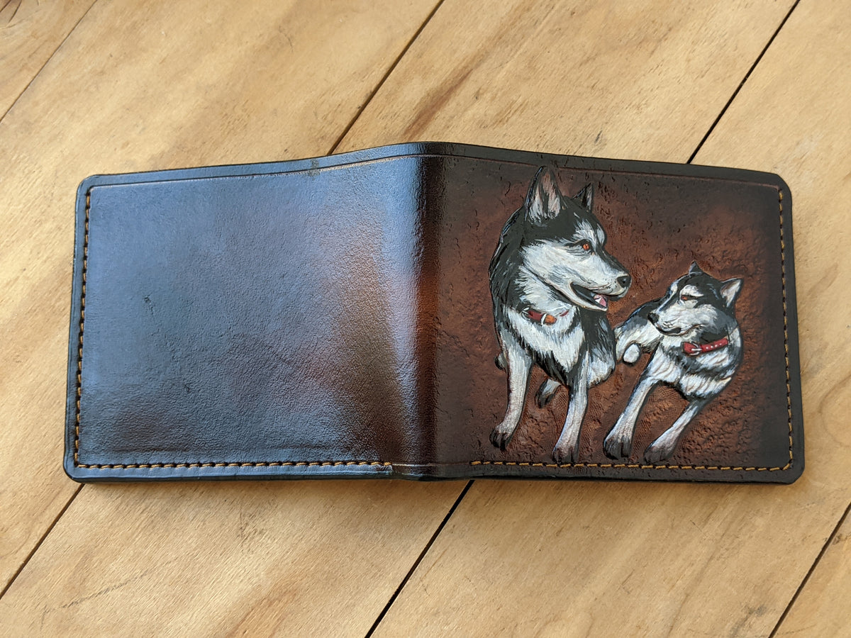 Handmade leather bifold wallet with embossed Siberian Husky design, perfect Valentines days gift