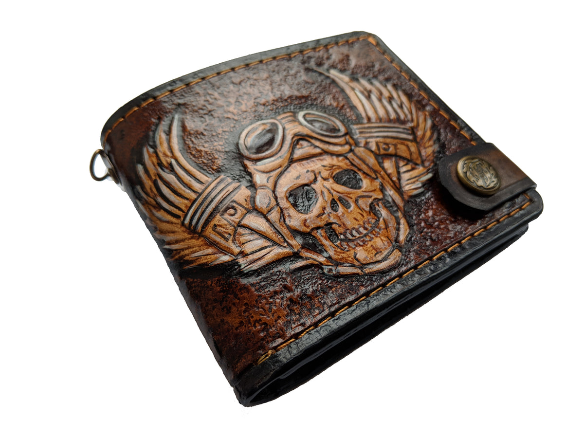 M1D2, Biker Skull Motorcycle Engine Wings Leather Wallet