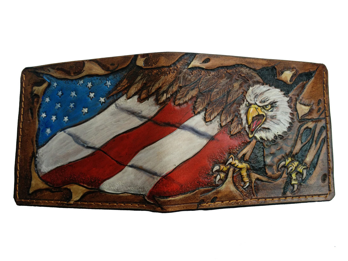 M1V10, American USA Flag & Bald Eagle Bifold Leather Wallet