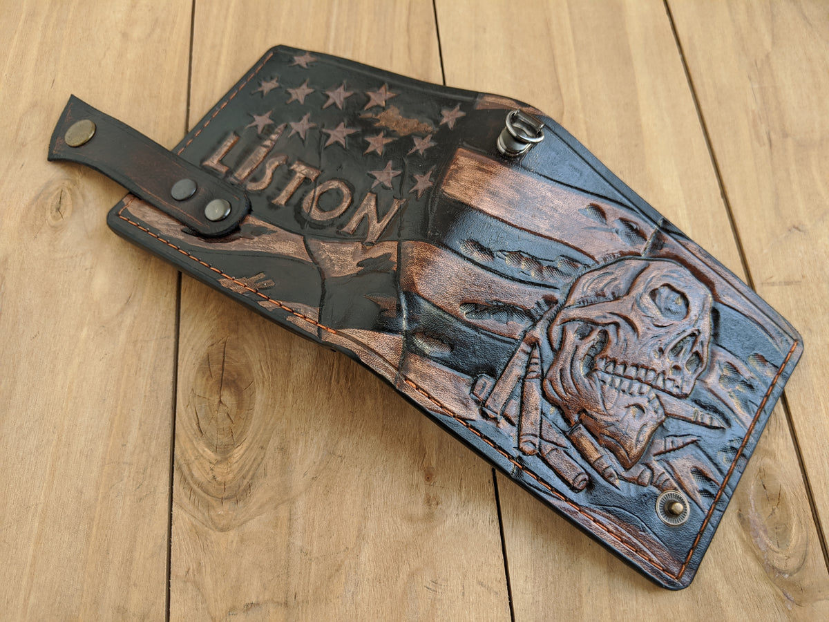 M1V14, American USA Flag Skull Military Bifold Leather Wallet