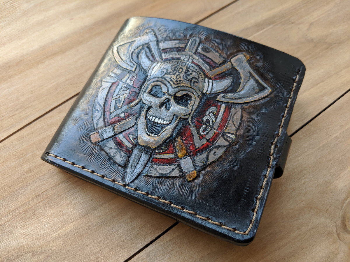 M1S24, Viking Warrior Skull & Skeleton Bifold Leather Wallet