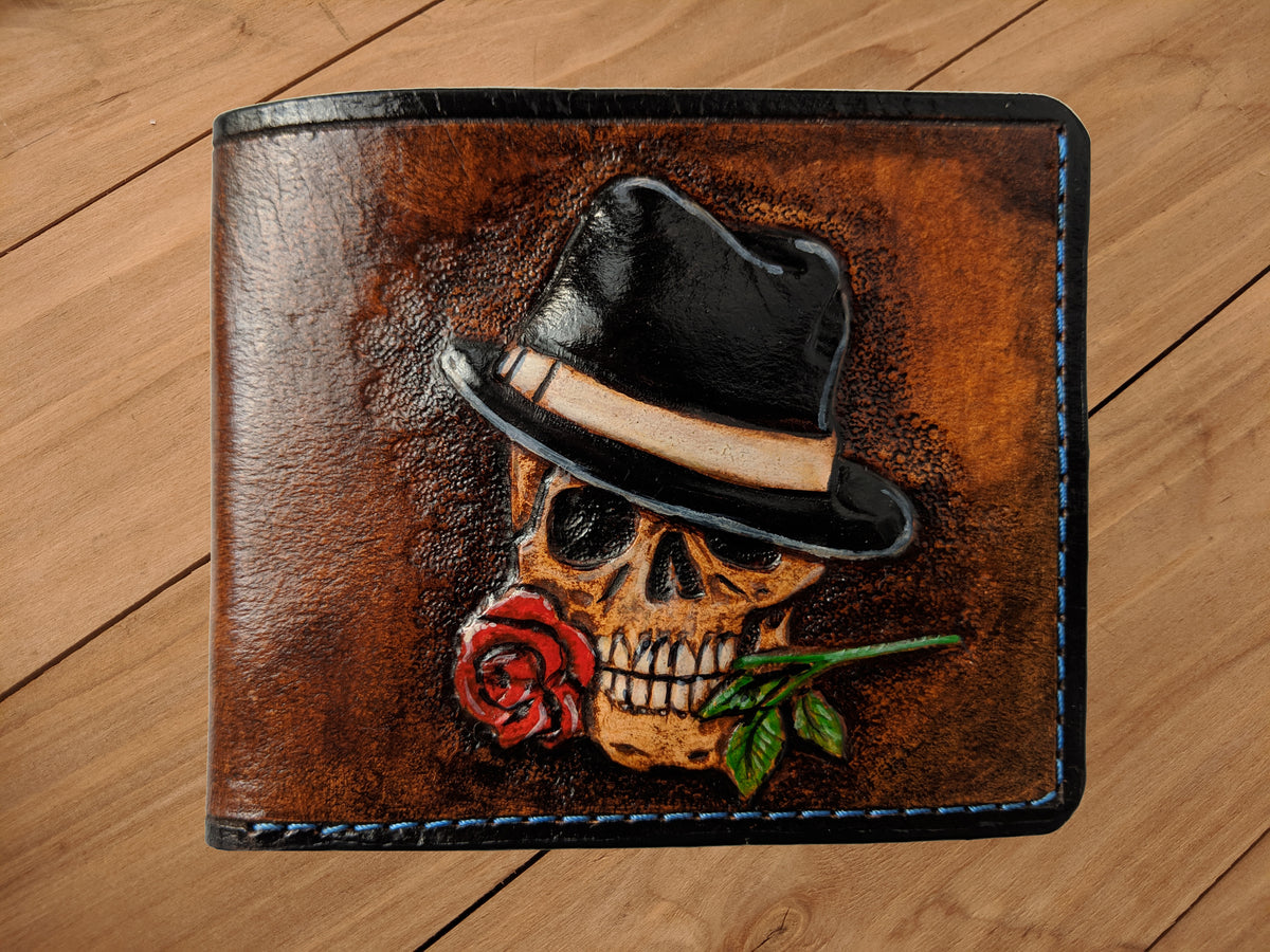 M1S8, Red Rose Gangster Skull & Mobster Fedora Bifold Wallet