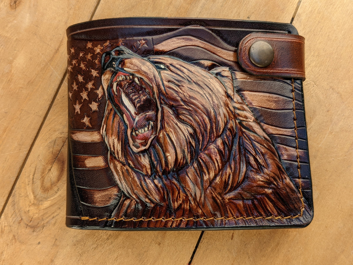 M1V7, Brown Grizzly Bear & USA Flag Bifold Leather Wallet