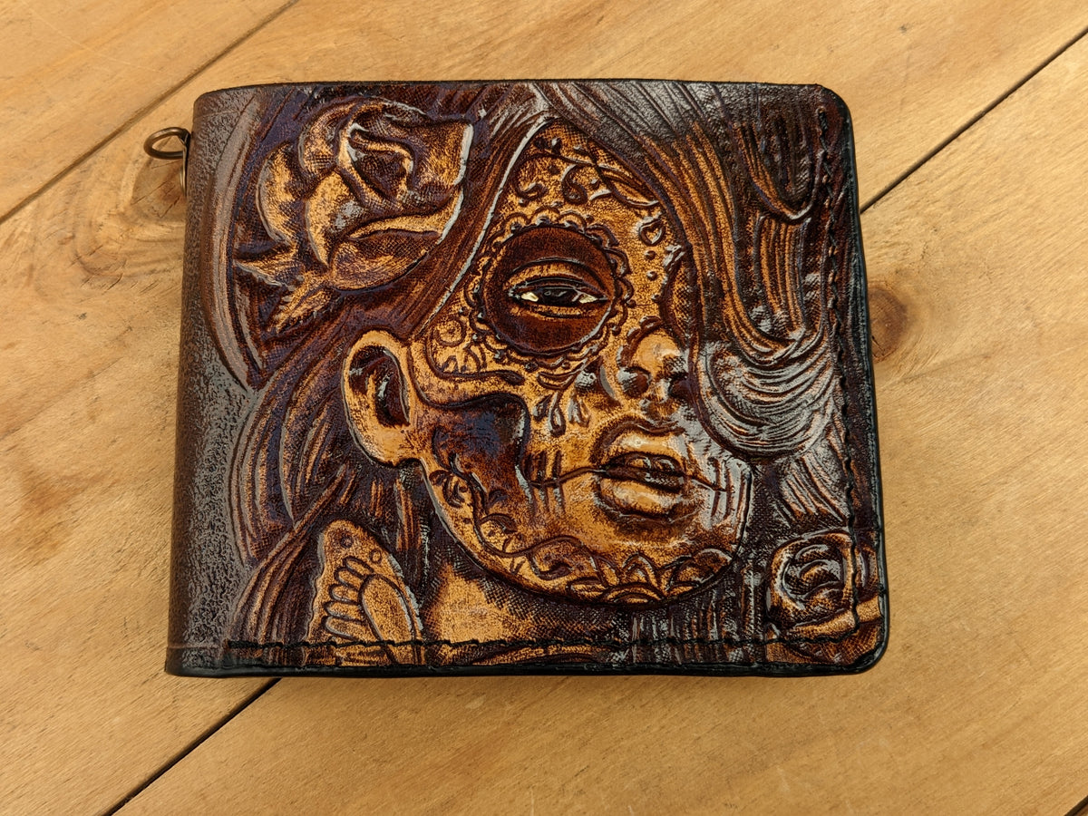 M1Q8, Mexican Girl & Sugar Skull Bifold Leather Wallet