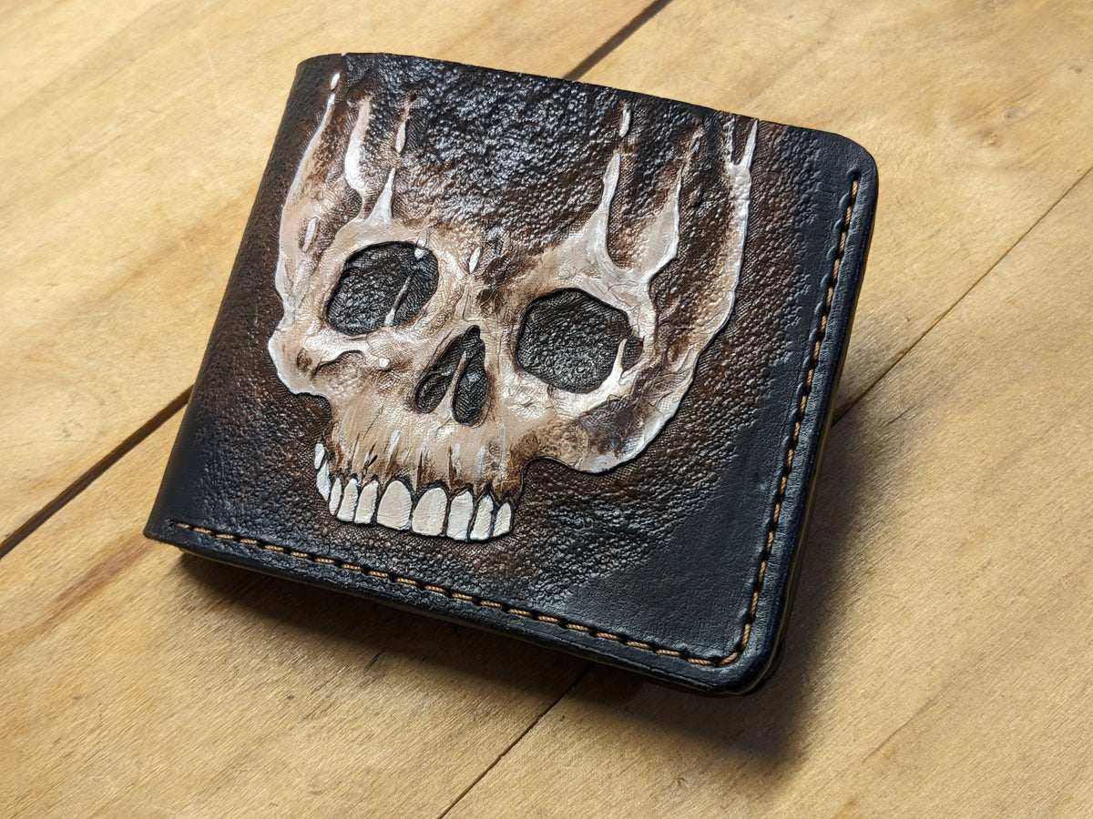 M1S28, Zombie Melting Skull & Skeleton Bifold Leather Wallet