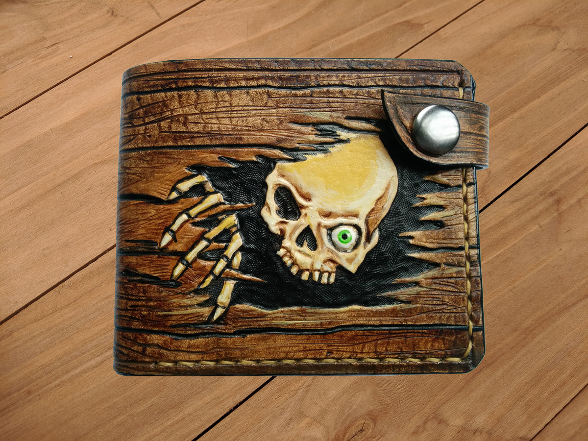 M1S4, Carpenter Skull, Skeleton Wooden Design Leather Wallet