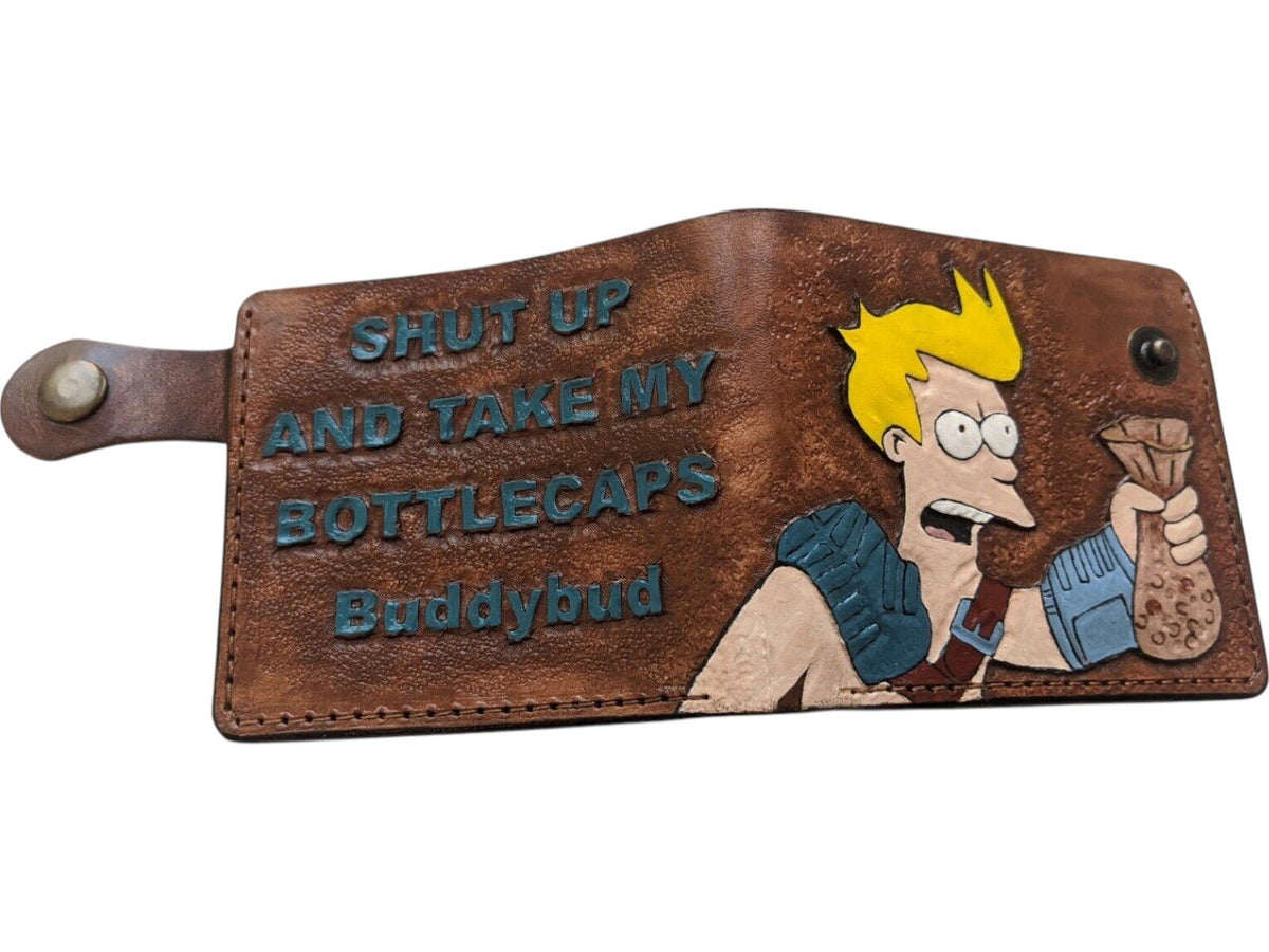 007 Futurama Bifold Leather Wallet | Philip J. Fry ‘Shut Up and Take My Bottle Caps’ Design - Theodoros