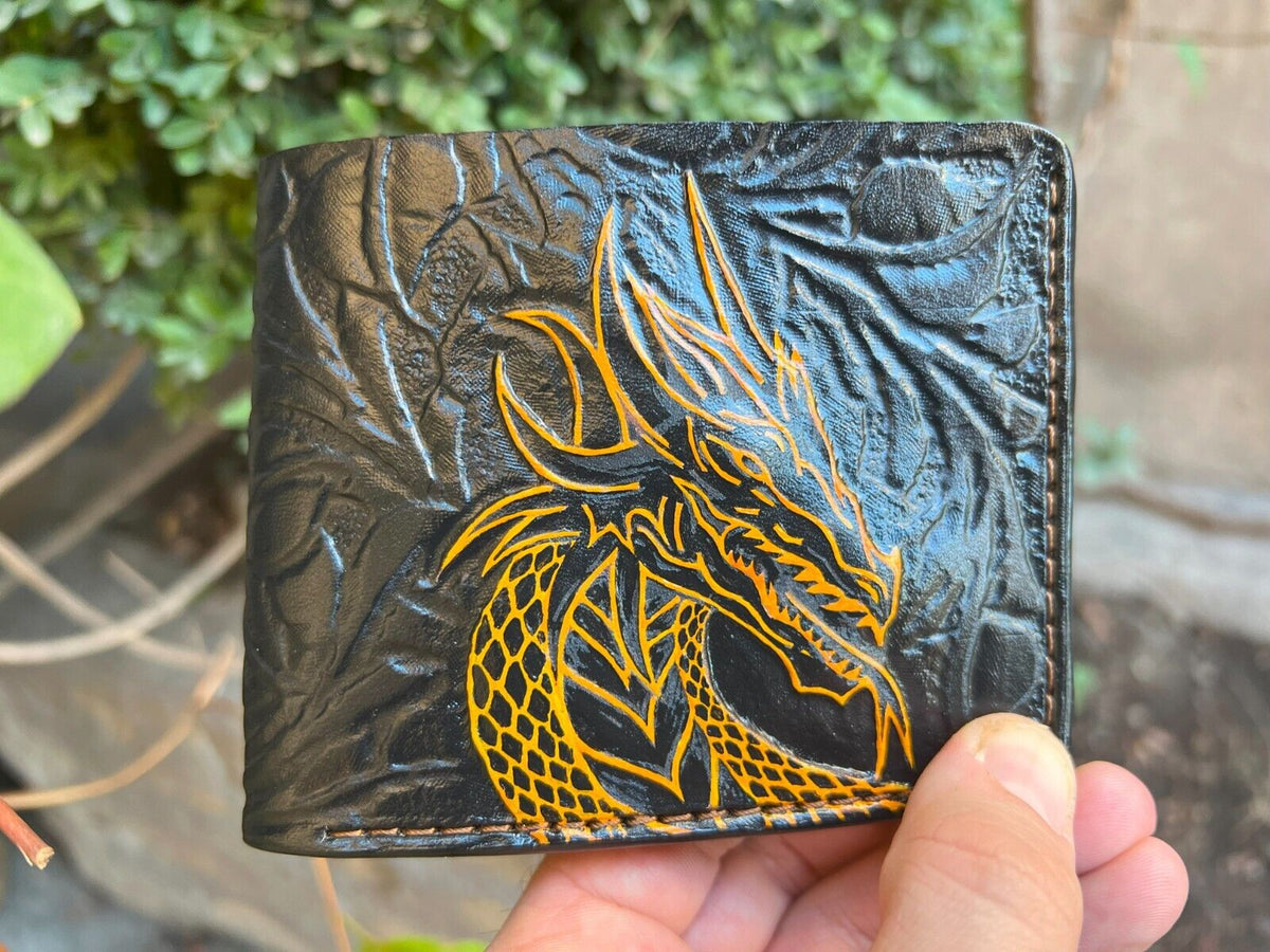 022 Hand Tooled Dragon Leather Bifold Wallet – Embossed Animal & Biker Wallet, Unique Gift for Him - Theodoros