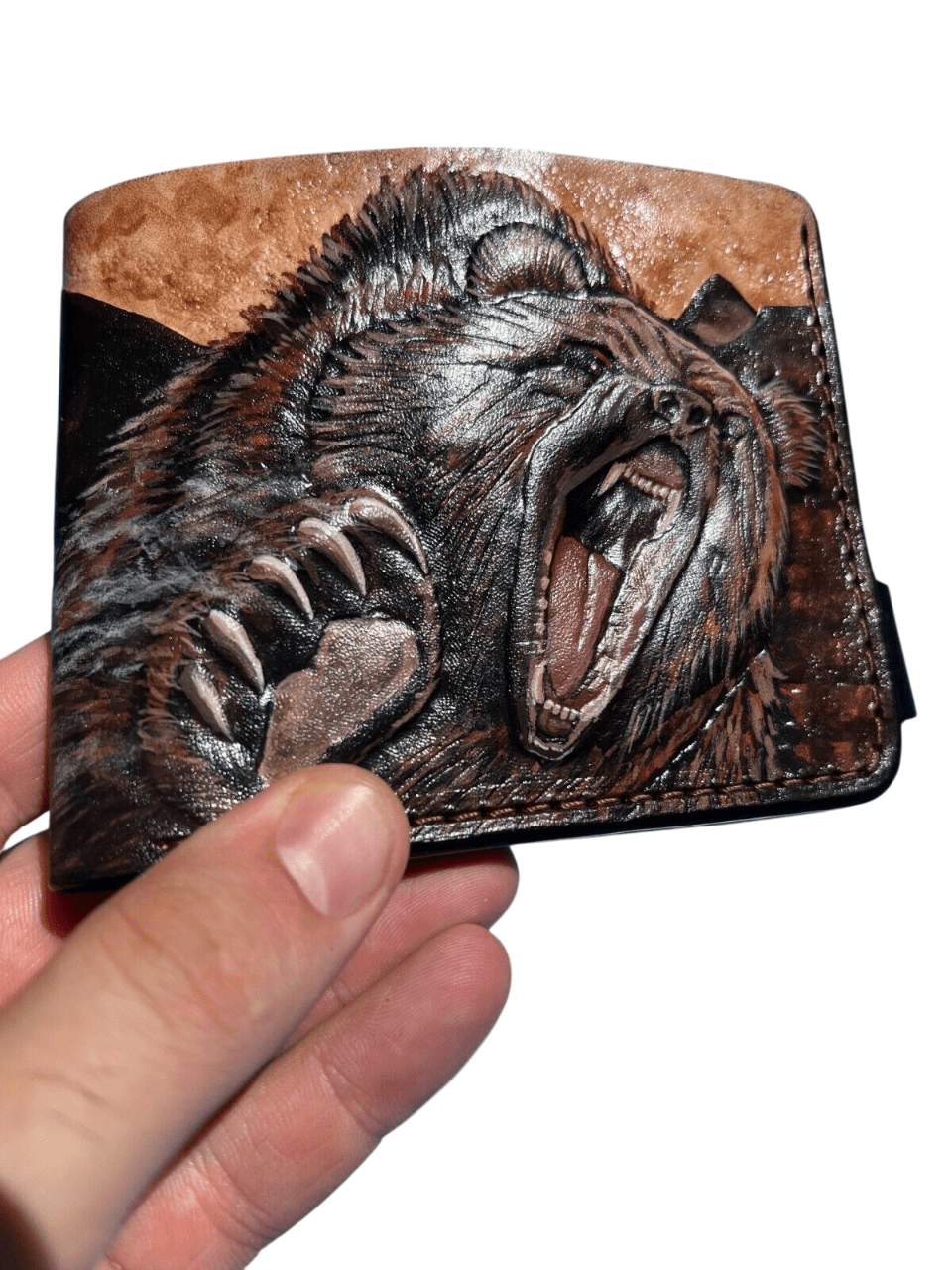 027 Hand Tooled Bear Leather Bifold Wallet – Embossed Mountain & Anime Biker Wallet, Gift for Him - Theodoros