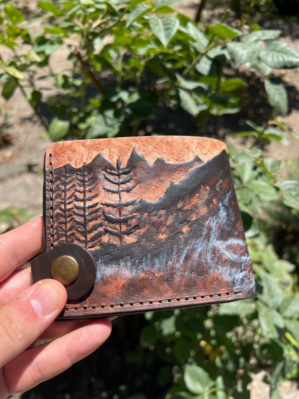 027 Hand Tooled Bear Leather Bifold Wallet – Embossed Mountain & Anime Biker Wallet, Gift for Him - Theodoros