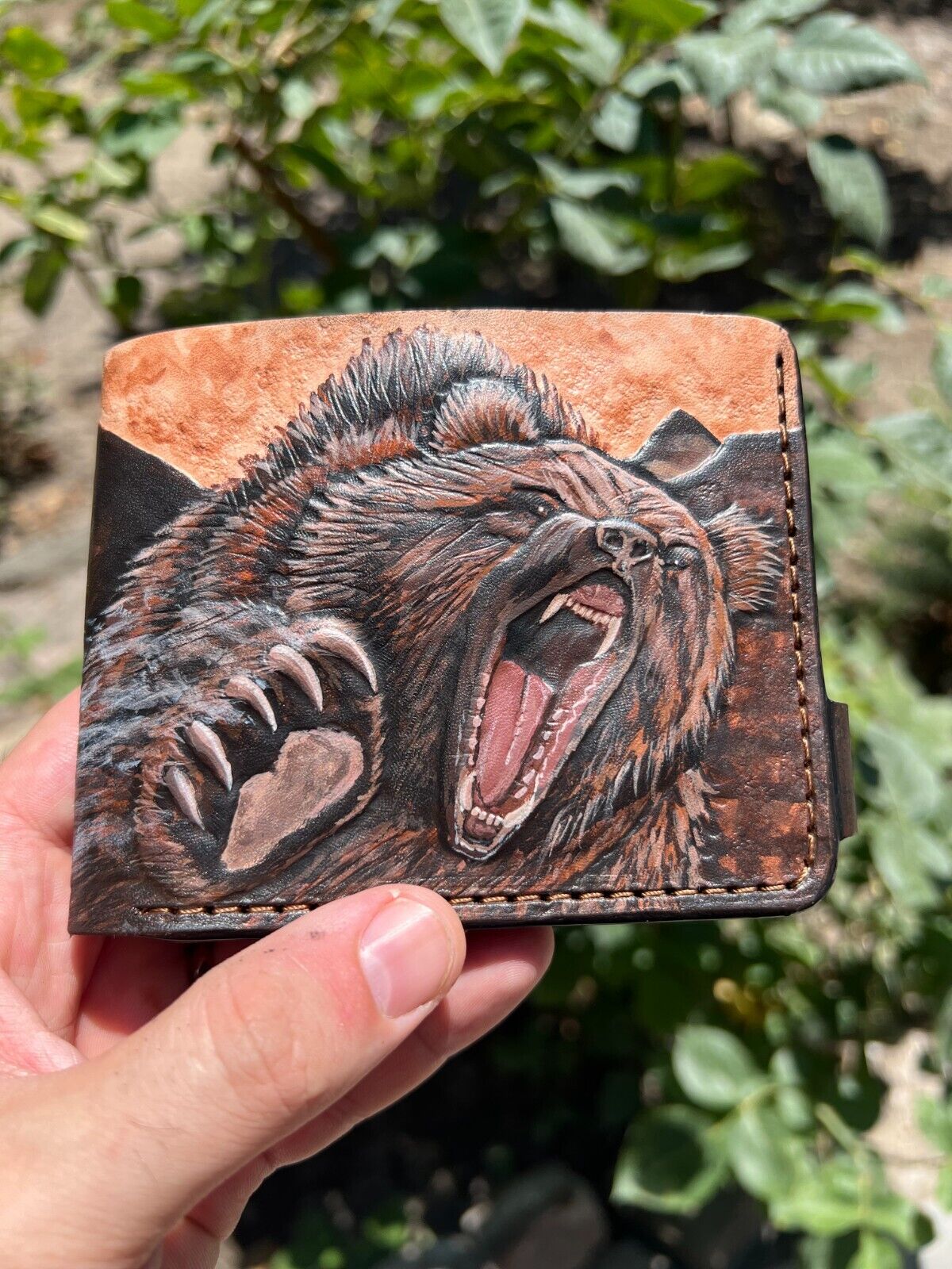 027 Hand Tooled Bear Leather Bifold Wallet – Embossed Mountain & Anime Biker Wallet, Gift for Him - Theodoros