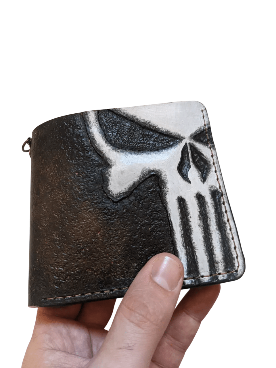 028 Hand Tooled Punisher Skull Leather Bifold Wallet – Embossed Biker Wallet, Unique Gift for Him - Theodoros