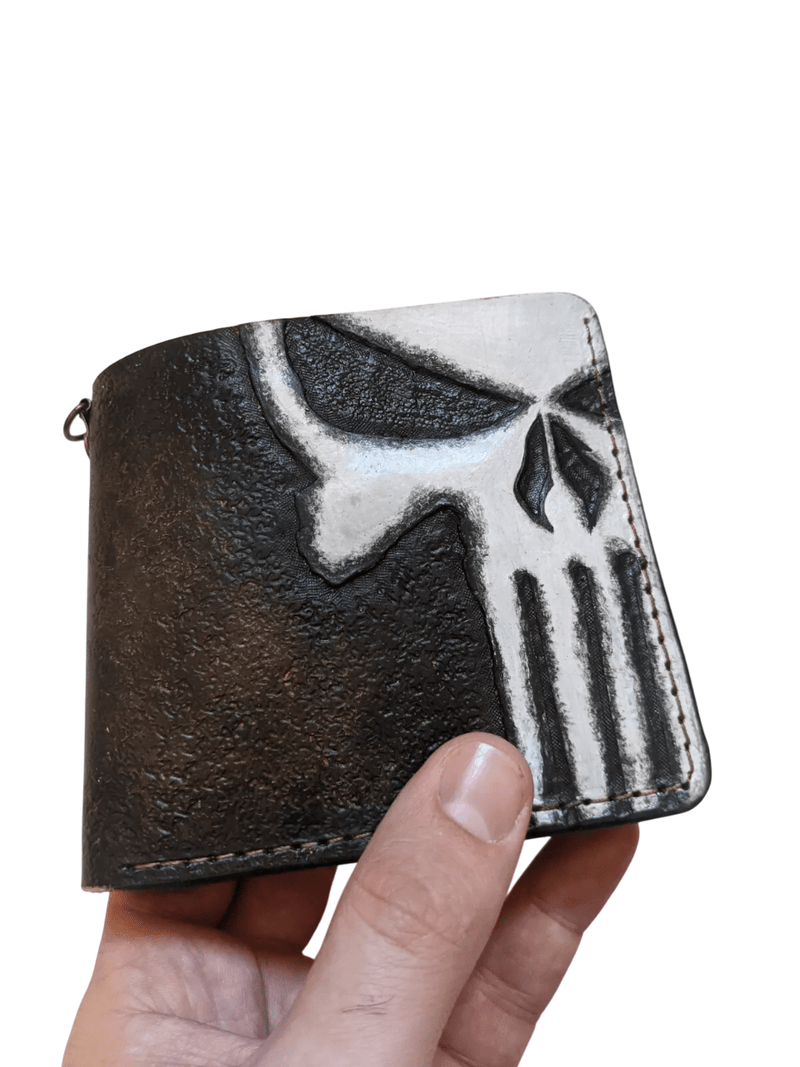028 Hand Tooled Punisher Skull Leather Bifold Wallet – Embossed Biker Wallet, Unique Gift for Him - Theodoros