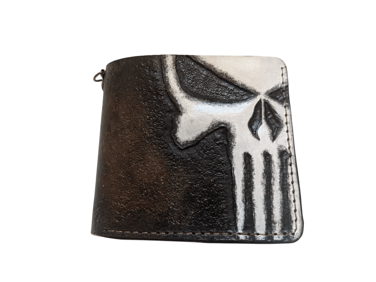 028 Hand Tooled Punisher Skull Leather Bifold Wallet – Embossed Biker Wallet, Unique Gift for Him - Theodoros