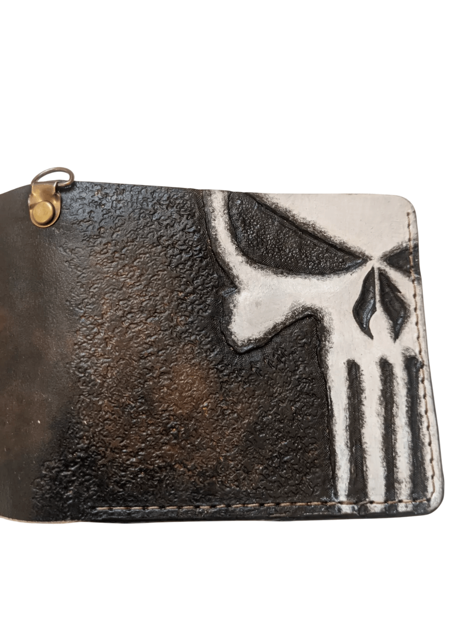 028 Hand Tooled Punisher Skull Leather Bifold Wallet – Embossed Biker Wallet, Unique Gift for Him - Theodoros
