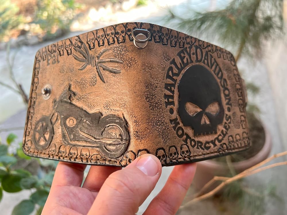 032 Skull Wallet, Harley Davidson Wallet, Moto Wallet, Bike Wallet, 3D Genuine Leather Wallet, Hand Carved Wallet, Biker Wallet, Embossed Wallet - Theodoros