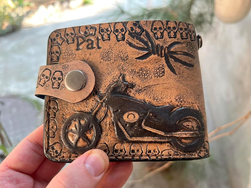 032 Skull Wallet, Harley Davidson Wallet, Moto Wallet, Bike Wallet, 3D Genuine Leather Wallet, Hand Carved Wallet, Biker Wallet, Embossed Wallet - Theodoros