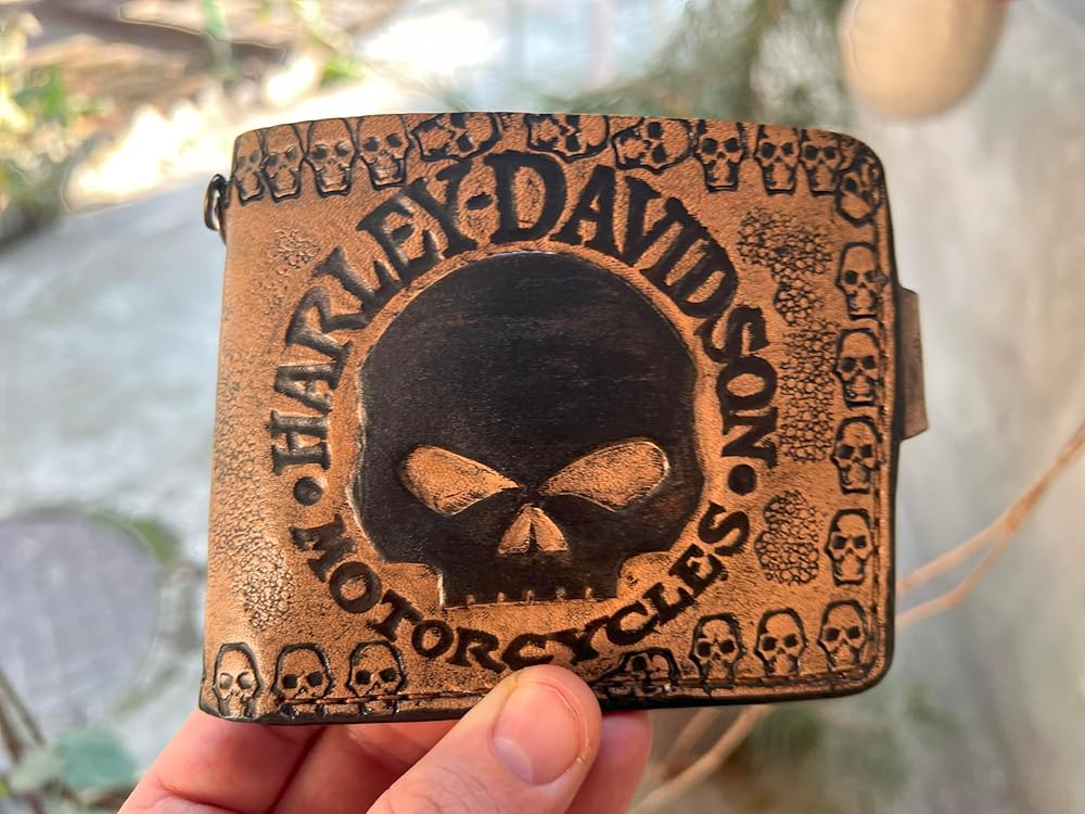032 Skull Wallet, Harley Davidson Wallet, Moto Wallet, Bike Wallet, 3D Genuine Leather Wallet, Hand Carved Wallet, Biker Wallet, Embossed Wallet - Theodoros