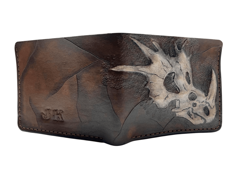 033 Handcrafted Leather Carved Bifold Skull Wallet – Dinosaur Skull & Biker Designs, Embossed Wallet - Theodoros