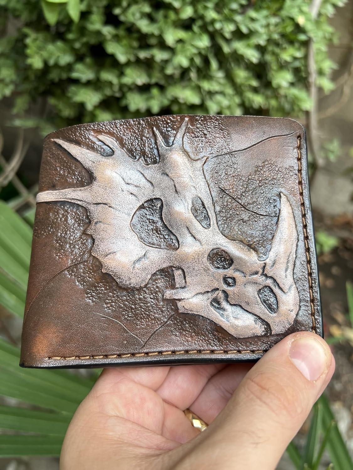 033 Handcrafted Leather Carved Bifold Skull Wallet – Dinosaur Skull & Biker Designs, Embossed Wallet - Theodoros