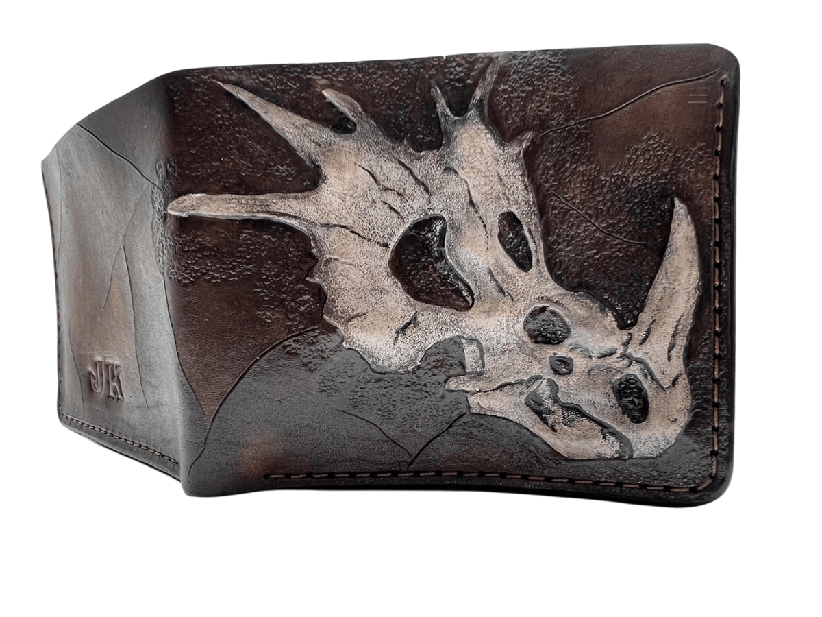 033 Handcrafted Leather Carved Bifold Skull Wallet – Dinosaur Skull & Biker Designs, Embossed Wallet - Theodoros
