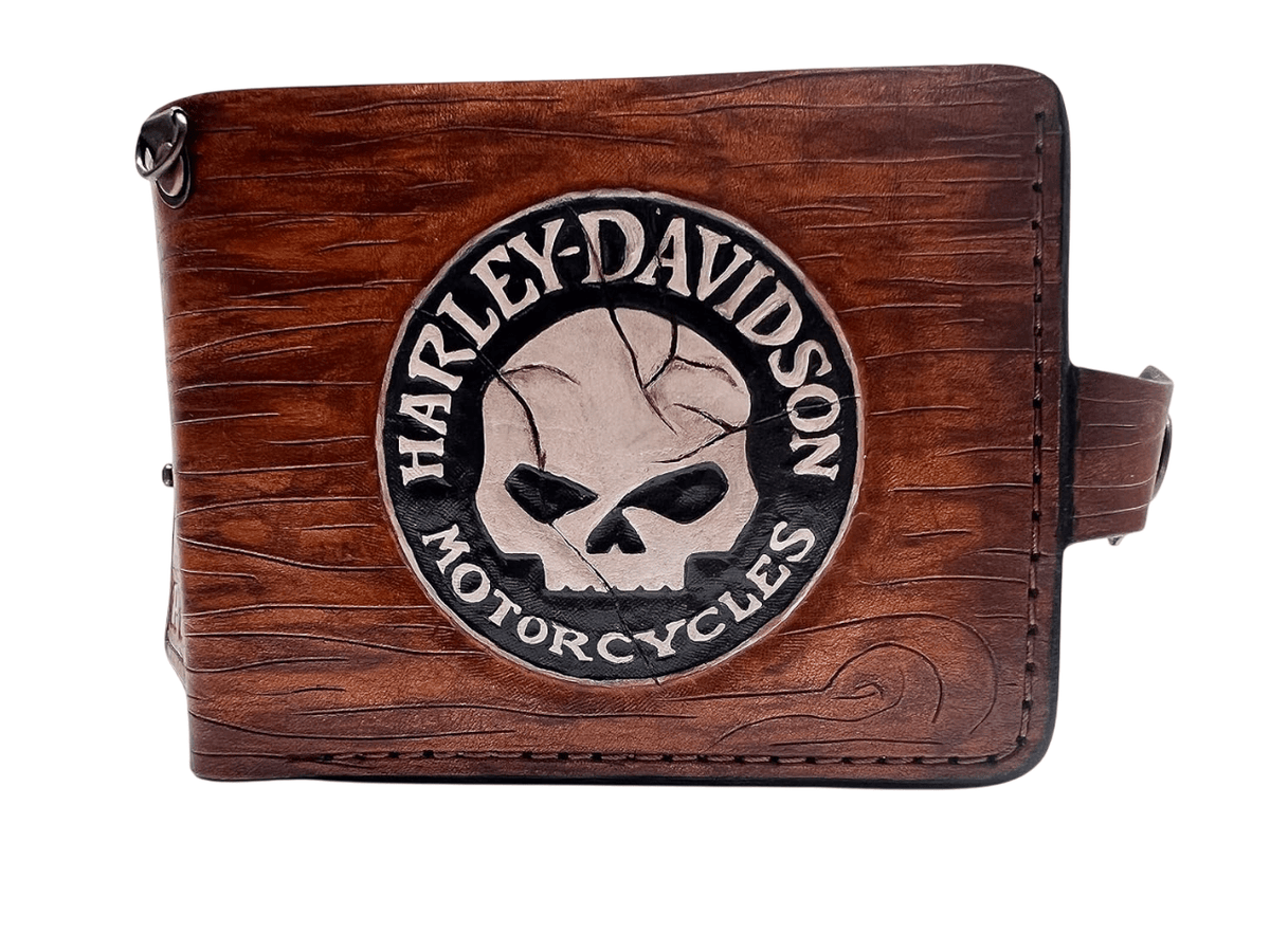 034 Skull Leather Wallet, Harley Davidson Wallet, Moto Wallet, Bike Wallet, 3D Genuine Leather Wallet, Hand Carved Wallet, Biker Wallet, Embossed Wallet (Copy) - Theodoros