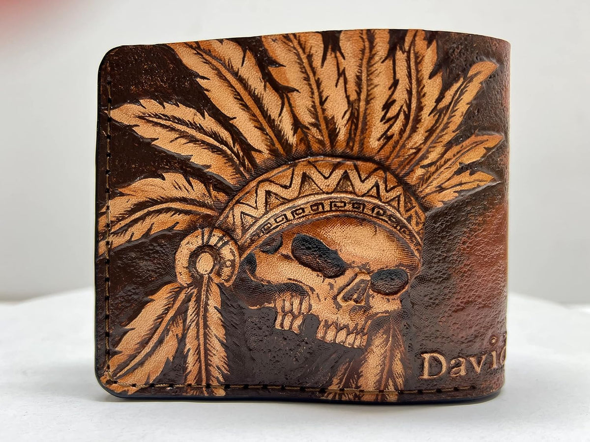 035 Hand Tooled Leather Carved Biker Wallet – Indian Skull, Red Man & Native American Design - Theodoros