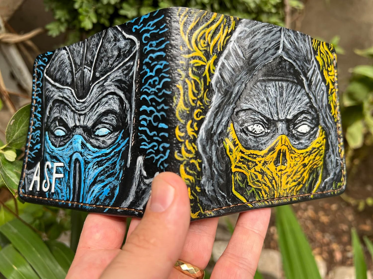 038 Handcrafted Mortal Kombat Wallet | Bifold, Leather Carved Sub - Zero & Scorpion Designs - Theodoros