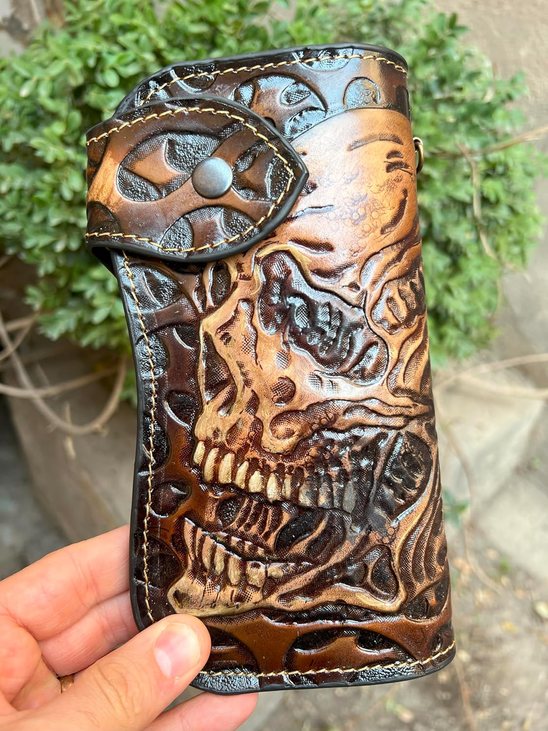 042 Handcrafted Skull Wallets | Bifold, Leather Carved & Biker Designs | Embossed Long Wallet - Theodoros