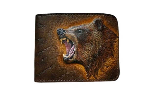 #002 Grizzly Bear Embossed Bifold Leather Wallet – Animal Design | Perfect Gift for Him