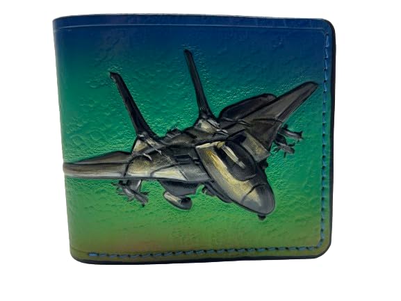 #030 Airplane Handcrafted Leather Bifold Wallet - Pilot, F-18, Top Gun Designs, Hand Tooled, Embossed