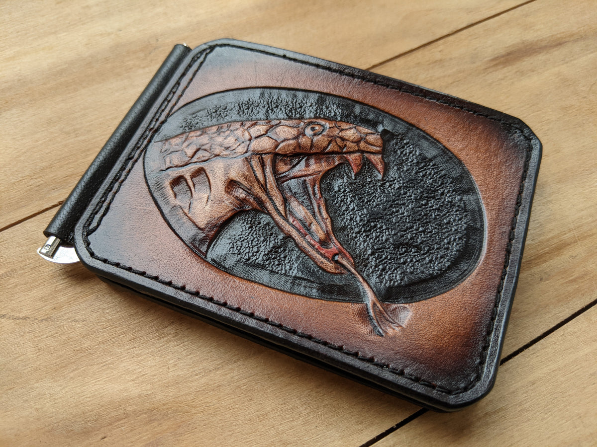 M3A1, Handmade Leather Money Clip Wallet | Snake Design - King Cobra, Anaconda & Python Gift for Him