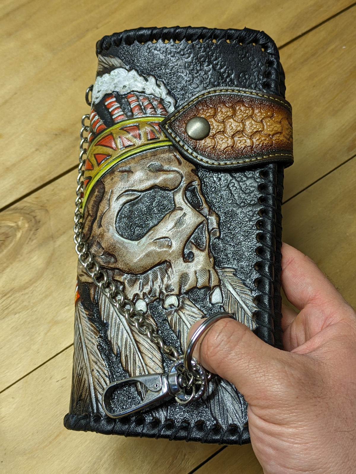 M2S11, Indian Chief Skull Long Leather Wallet | Biker Chain Wallet with Native American Headdress